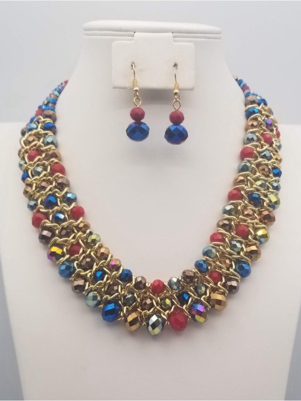 Multicolor Beaded Chain Statement Necklace & Earrings